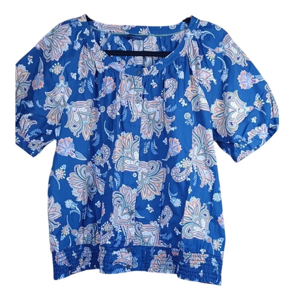 Tommy Hilfiger Women’s Large Navy Blue Paisley Floral Button Down Blouse Top